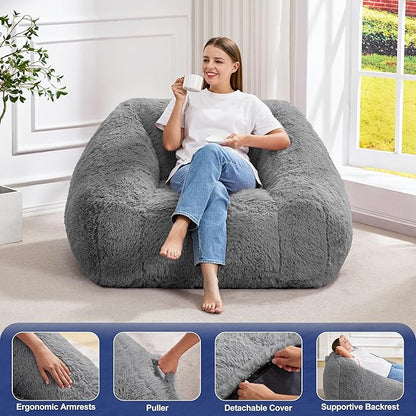 Hobestluk Bean Bag Chairs for Adults Giant Bean Bag Chair with Memory Foam Filling, Adult Beanbag for Bedroom, Living Room (Grey Plush)