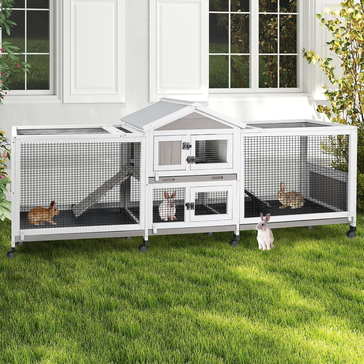 Double Rabbit Hutch Outdoor Indoor Large Bunny Cage with Dual Side Runs, 2-Story Wooden Hutch with 4 Leak Proof Trays, 8 Wheels, Waterproof Roof, Ramp, for Small to Medium Animals