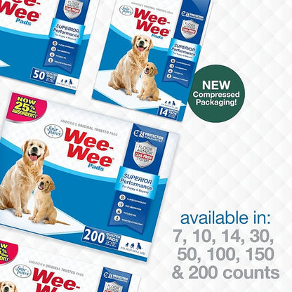 Four Paws Wee-Wee Superior Performance Dog Pee Pads, 150 Count | Quilted leak-proof puppy pads, dog housebreaking & potty training, 24-hour floor protection, pet supplies, 22" x 23"