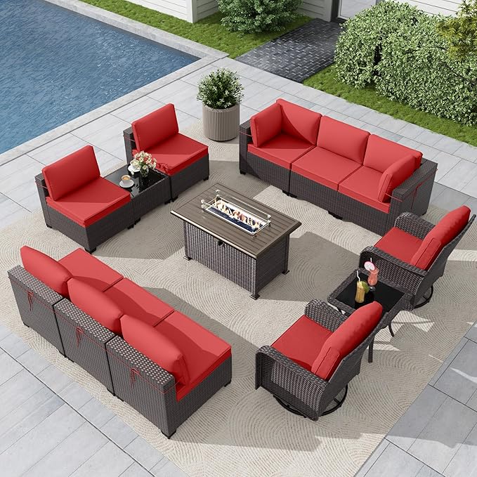 Gotland 13 Pieces Patio Furniture Set with Fire Pit Table Swivel Chairs, PE Rattan Outdoor Furniture Set with 29.5'' High Backrest 4’’ Thick Cushions Coffee Table, Patio Set for Porch, Deck, Red