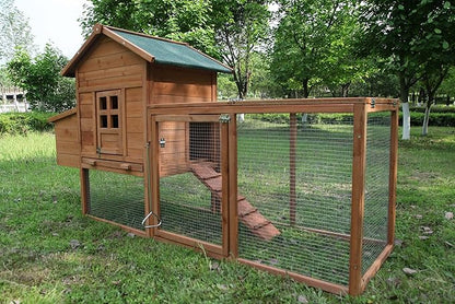 Outdoor Chicken Coop for 2-4 Chickens Wooden Hen House Poultry Pet Hutch Run Cage w/Waterproof Asphalt Roof, Ramp, Nesting Box, Wire Fence (80")