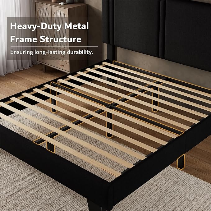 iPormis Full Platform Bed Frame with Fabric Upholstered Headboard & Thickened Legs, Mattress Foundation with Solid Wooden Slats Support, No Box Spring Needed, Noise Free, Black