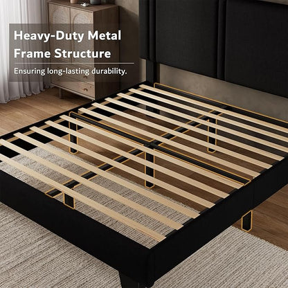 iPormis Full Platform Bed Frame with Fabric Upholstered Headboard & Thickened Legs, Mattress Foundation with Solid Wooden Slats Support, No Box Spring Needed, Noise Free, Black