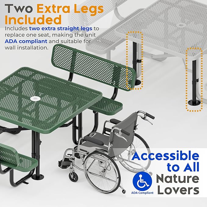 Metal Picnic Tables for Outdoors with Umbrella Hole - Coated Steel Heavy Duty Commercial Grade Furniture with Adjustable Seats (Green, 46 in, Square with Back, Expanded Steel)