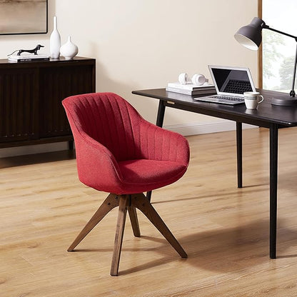 Art Leon Desk Chair No Wheels - Mid Century Modern Office Chair, Swivel Accent Chair with Oak Wood Legs, Fabric Upholstered Arm Chair, Red
