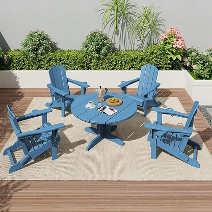 SERWALL Round Outdoor Coffee Table Set,Outdoor Round Coffee Table and Adirondack Chairs with Cup Holders Patio Furniture,Blue