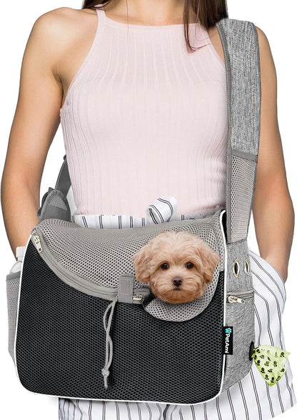 PetAmi Small Dog Sling Carrier, Soft-Sided Crossbody Puppy Carrying Purse Bag, Adjustable Sling Pet Pouch to Wear Medium Dog Cat Travel, Dog Bag for Traveling, Poop Bag Dispenser, Max 10 lbs, Gray