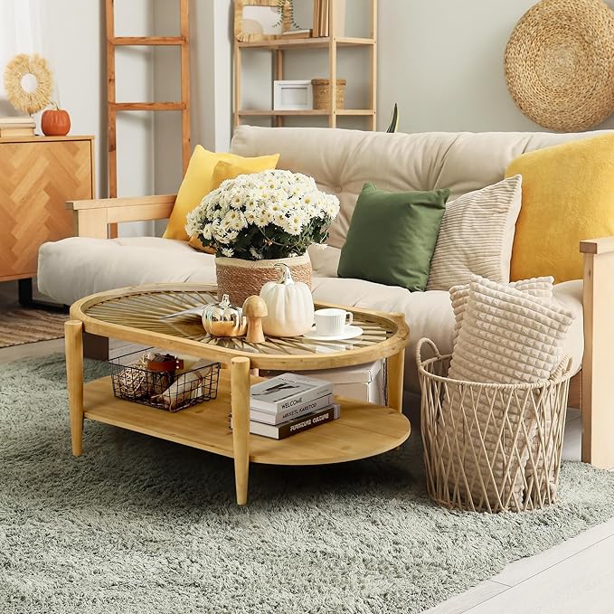 RUSTOWN Rattan Coffee Tables,2-Tier Oval Boho Cocktail Tables, Mid Century Modern Coffee Table with Rattan & Tempered Glass Top and Wood Legs, Sofa Table for Living Room(Natural)