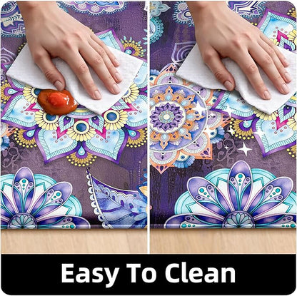Boho Purple Floral Kitchen Rugs Mats for Floor 2 Piece Memory Foam Padded Kitchen Mats Anti Fatigue Non Slip Cushioned Comfort Standing Mat, 17.3x28+17.3x47 Inch