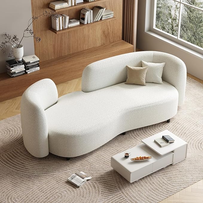 Sherpa Curved Loveseat Sofa, Modern Upholstered Couch with Solid Wood Frame, Thick Foam Cushion, Compact Comfy Sofa for Apartment, Living Room or Office – Ivory White