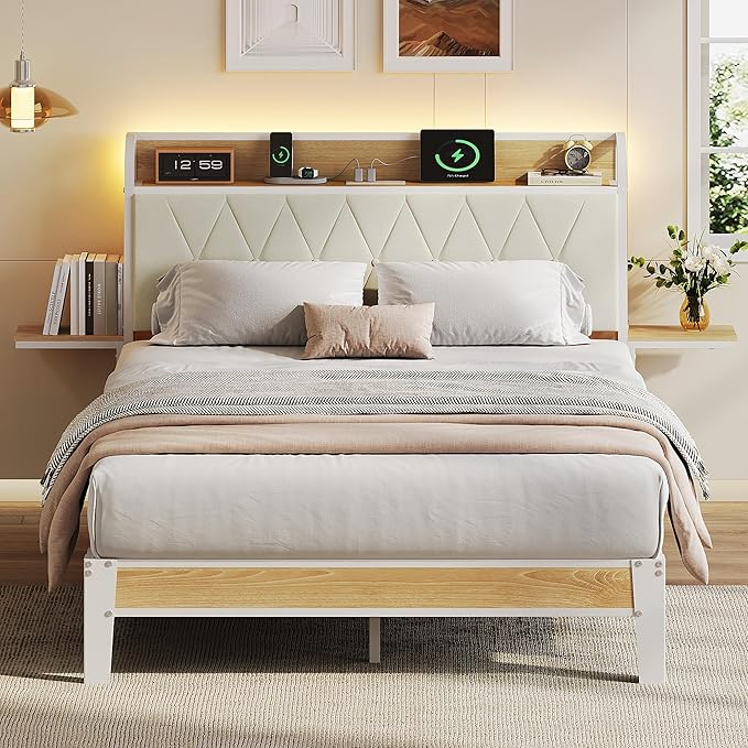 WLIVE Full Size Upholstered Bed Frame with 2 Side Shelves, Linen Tufted Storage Headboard with Charging Ports and LED Light, Metal Solid and Stable, No Box Spring Needed, Easy Assembly, Beige