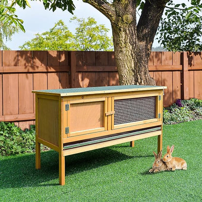 PawHut Wooden Rabbit Hutch Bunny Cage with Openable Waterproof Roof, No Leak Tray Sturdy Fir Wood Build for Indoor/Outdoor