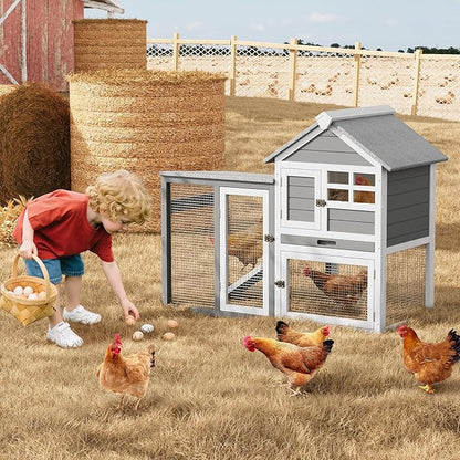 2-Story Rabbit Hutch, Small Wooden Chicken Coop, with Waterproof Roof, Pull Out Tray and Anti-Slip Ramp, Bunny Cage for Indoor Outdoor (45.28" L x 20.08" W x 36.61" H)