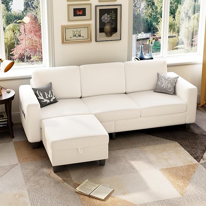 Sectional Sofa Couches for Living Room, 78'' Beige 3 Seater L-Shaped Couch with Storage Ottoman, Comfy Fabric Convertible Sectionals Sofas with Chaise for Apartment, Office, Small Space