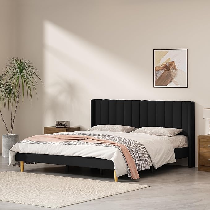 King Size Upholstered Platform Bed Frame with Modern Wingback & Vertical Panel Headboard, Linen Fabric, Wooden Legs & Slats Support, No Box Spring Needed, Noise-Free & Easy Assembly, Black