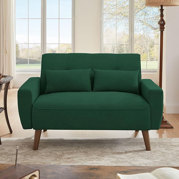 48" Loveseat Sofa, Mid Century Modern Small Couches for Living Room Bedroom Apartment, 2 Seater Love Seat, 2 Throw Pillows and Plastic Legs, Green