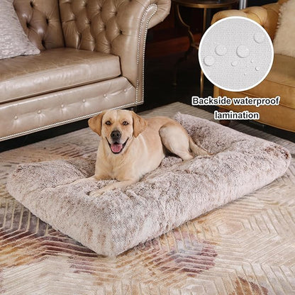 Bedfolks Plush Dog Crate Bed, Waterproof, Faux Fur, XXL, 47"x29", Brown