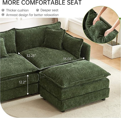 saows Modular Sectional Sofa, 147.2 Inch L Shaped Couch Set with Armrests, 4-Seater Comfy Cloud Couches with Movable Ottoman for Living Room Apartment, Green