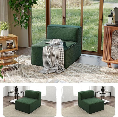 38“ Modular Sectional Sofa Convertible Cube Thick Couch Seat Set, Combine L-Shaped U-Shaped, Free Assembly, Space-Saving for Living Room, Fabric Chenille Green (Only Armless)