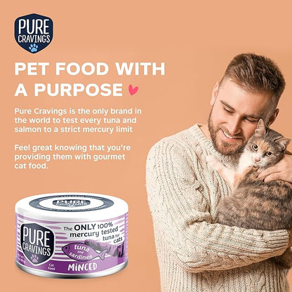 Pure Cravings Minced Tuna and Sardines Wet Canned Cat Food, 100% Mercury-Tested, Moist Can Fish for Cats, Grain-Free, Protein, Non-GMO, 3oz, Pack of 12