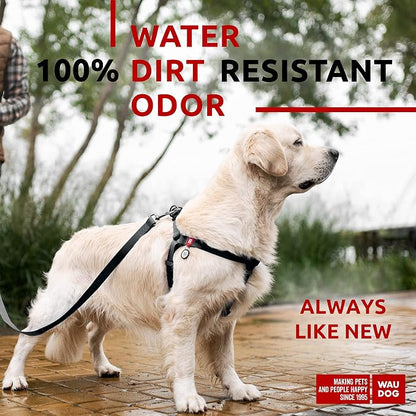 WAUDOG Waterproof Harness - Adjustable for Large, Small and Medium Dogs - Heavy Duty with Durable Metal Clasp and QR Tag - Boy & Girl - Black (24-35in)