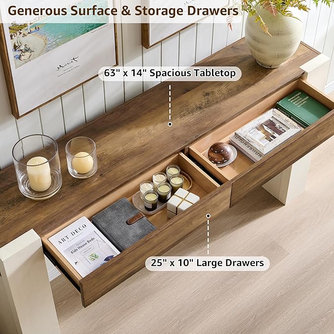 OKD Modern Entryway Console Table, Sofa Table with Drawers, 63" Long Hall Table Behind Couch, Thick Wood Design for Living Room, Hallway - Antique White
