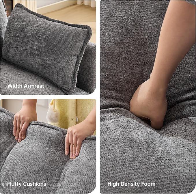 108" Modern L-Shaped Sectional Sofa with USB & Type-c Port Charger, Modular Cloud Couch, Deep Seating Chenille Fabric 4-Seater with Ottoman and Pillows for Living Room (Grey)