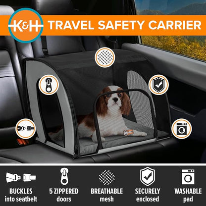 K&H Dog Car Seat, Travel Safety Carrier for Pets, Medium, Gray/Black | Enclosed Car Seat for Dogs, Soft-Sided Covered Pet Carrier, Washable Pad, Multiple Entrances, Mesh Windows, 24x19x17in