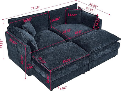 Aoowow Modular Sectional Sofa Modern Convertible Loveseat Couch,77.16 Inch Deep 2-Seater Sofas Comfy Chenille Cloud Sofas and Couches Set with 2 Movable Ottoman for Living Room Apartment（Blue）
