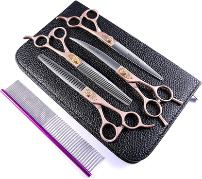 Fenice Peak 8‘’ Professional Dog Grooming Scissors Set Rose Gold 440C Stainless Steel Straight Thinning Curved Chunker Shears 4pcs Set for Pet Grooming Services Dogs and Cats