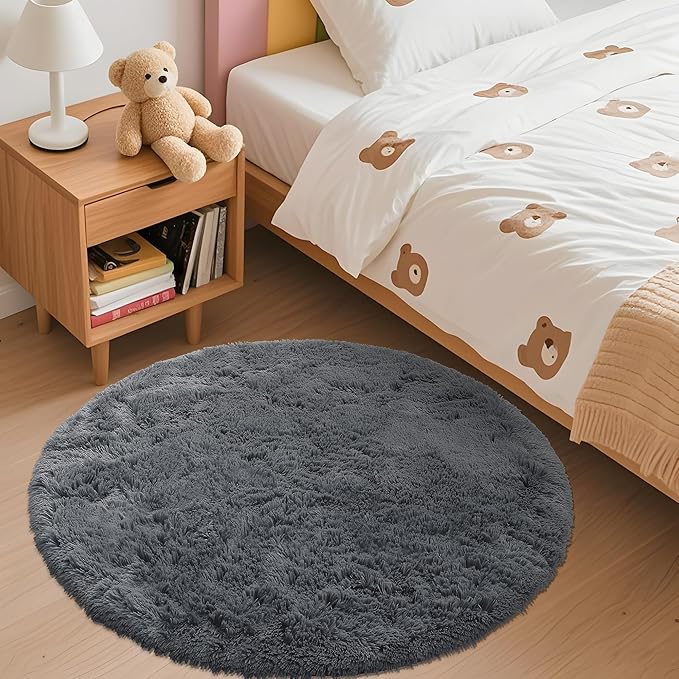 OLANLY Grey Round Rugs for Bedroom - Machine Washable, 3 ft Circle Area Rugs for Living Room, Soft and Fluffy Shaggy Carpet for Teen Girls and Boys, Nursery Rooms, Dorms, Home Decor Aesthetic