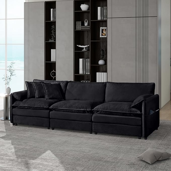 109.45" Oversized Extra Deep Seat Modern Chenille Cloud Couch, Large 3 Seater Modular Sofa for Living Room Bedroom Apartment Office(Black, 109.45 Inch)