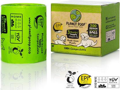 PLANET POOP Home Compostable Dog Poop Bags Extra Long with Handles | Large Single Roll 200 Grab & Go | Un-scented Dog Waste Bag | Leakproof Doggy & Cat Bags | Plant-Based Pet Supplies