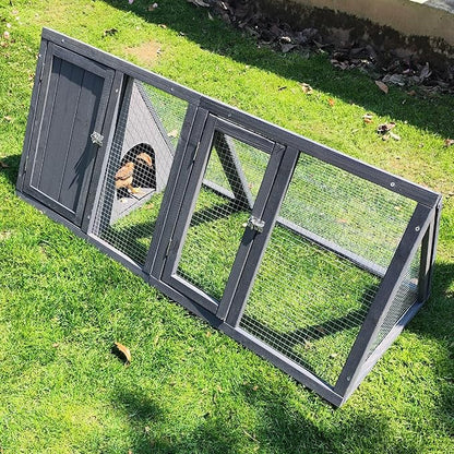 Rabbit Hutch Outdoor Chicken Coop Wooden A-Frame Small Animal Cage Quail Cage w/Chicken Run & Ventilated Wire Fence Suitable for Garden Backyard Farms 47 x 18 x 19.5 in (Grey)