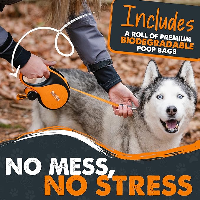 Mighty Paw Retractable Leash with Built-in Poop Bag Holder | 16' Long Retractable Dog Leash for Small Dogs, Medium Breeds & Large Pets with Tape for Quick Control. Poop Bags Included