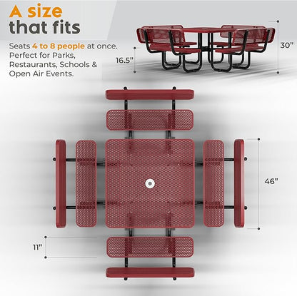 Metal Picnic Tables for Outdoors with Umbrella Hole - Coated Steel Heavy Duty Commercial Grade Furniture with Adjustable Seats (Red, 46 in, Square with Back, Expanded Steel)