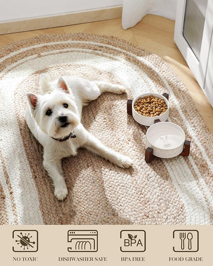 MALACASA Dog Bowl Set, Ceramic Bowls with Walnut Wood Stand, 1.5 Cups | Five-Leaf Grass and Honeycomb Design, Non-Slip Base, for Cats and Dogs, About 26% Heavier than Similar Ceramic Bowls