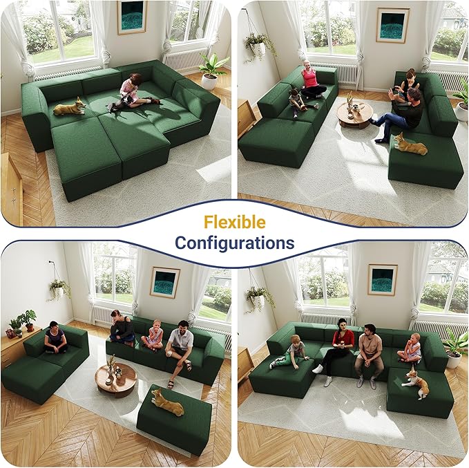 136" 6-Piece Sectional Sofa Modular Couches,L-U-Shaped with Chaise,for Living Room,Compressed Foam No Assembly,for Living Room (2xArmless Corner Ottoman) Fabric Chenille Green