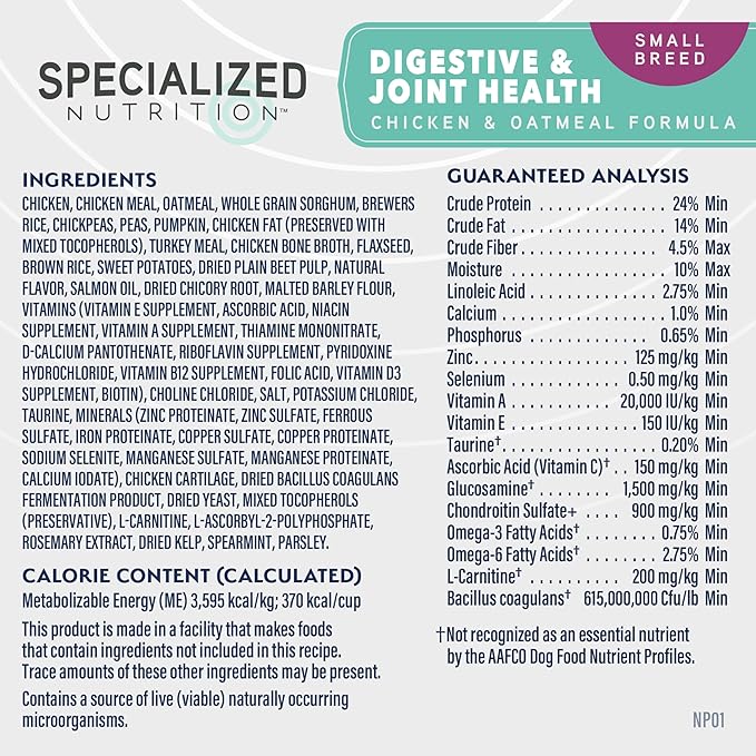 Natural Balance Specialized Nutrition Dry Dog Food with Chicken and Oatmeal for Dogs, Small Breed Digestive & Joint Health, Natural Ingredients with Added Vitamins & Minerals - 3.5 lbs