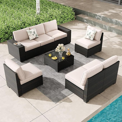 SunloungeCo Patio Furniture Set, 8 Pieces Outdoor Couch Sofa with Wider Armrests & Glass Coffee Table, Outdoor Sectional Furniture with Thick Cushions for Party, Poolside,Garden-Beige