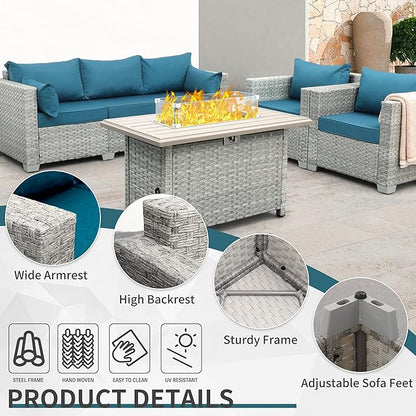 WAROOM Patio Furniture Set 4 Piece Wicker Conversation Sets PE Rattan Chair Outdoor Couch Sectional Sofa with Fire Pit Table, Peacock Blue Cushion