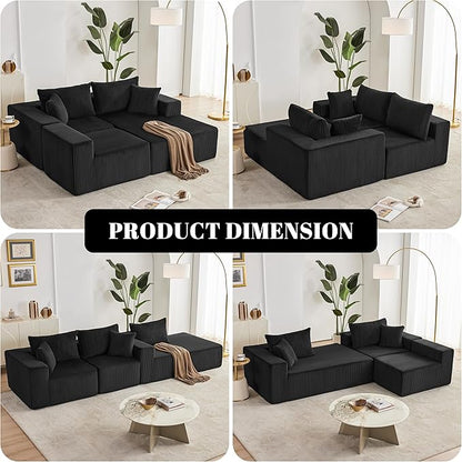 108” Modular Sectional Sofa, Cloud Sectional Couch with Deep Seat, Modern Modular L-Shape Sofa Couch with Chaise,Upholstered Boneless Couches for Living Room Bedroom (Black, Right Facing Chaise)