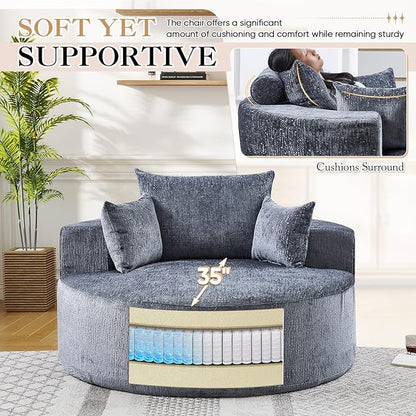 JEEOHEY Modern Round Accent Sofa Chair for Living Room, Upholstered Chenille Barrel Lounge Arm Chair with Large seat&Throw Pillows for Bedroom, Office, Apartment, Grey