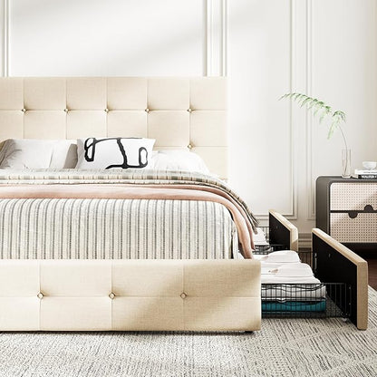 MUTICOR Queen Size Bed Frame with 4 Storage Drawers, Upholstered Platform Bed with Button Tufted Adjustable Headboard, No Box Spring Needed, Easy Assembly, Square Tufted, Beige Fabric