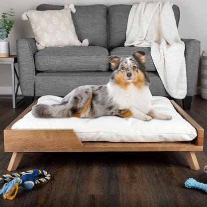 PETMAKER Elevated Dog Bed for Medium to Large Pets, Natural, 36” x 29.5” | Indoor Medium Dog Bed with Solid Wood Frame and Soft Cushion, Mid-Century Modern Raised Pet Furniture