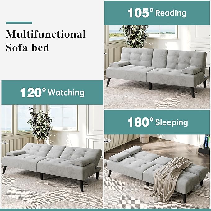 Meilocar Futon Sofa Bed, Modern Sofa Couch Recliner, Adjustable Sofa Bed for Living Room, Office, Guest Room Removable Armrest, 2 Cup Holders, Adjustable Backrest, Light Grey