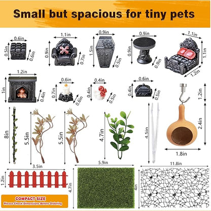 19-in-1 Jumping Spider Enclosure Accessories Kit, Terrarium Decor Set with Furniture, Plants, Hideouts, Moss, Climbing Rope & Net for Tarantula Habitat (No Glue/Enclosure)