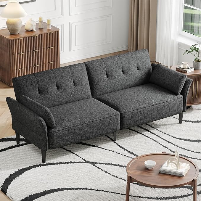 89” Futon Sofa Bed,Comfy Futon Couch Bed with 2 Square Pillows,Convertible Sleeper Sofa with Adjustable Backrest& Armrests, Modern Loveseat Sleeper for Living Room, Bedroom, Linen Dark Gray