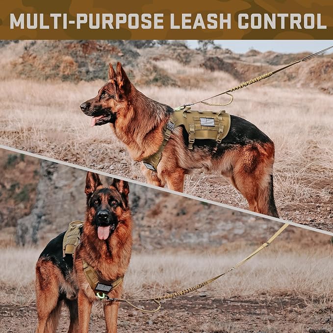 Forestpaw Tactical Dog Harness for Large Dogs,Tactical Dog Collar with Bungee Leash Set,No Pull Military Dog Harness for Walking Training,Adjustable for Medium Large Dogs,Khaki,Chest 27-40"