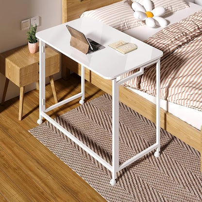 4NM 31.5" Mobile Small Rolling Computer Desk, Folding Laptop Cart Table with Wheels, Portable Office Desk for Small Space Couch Bed - All White
